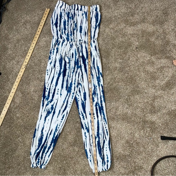 Solitaire Swim jumpsuit blue white tie dyed romper strapless elastic ankle SZ M - Picture 7 of 10